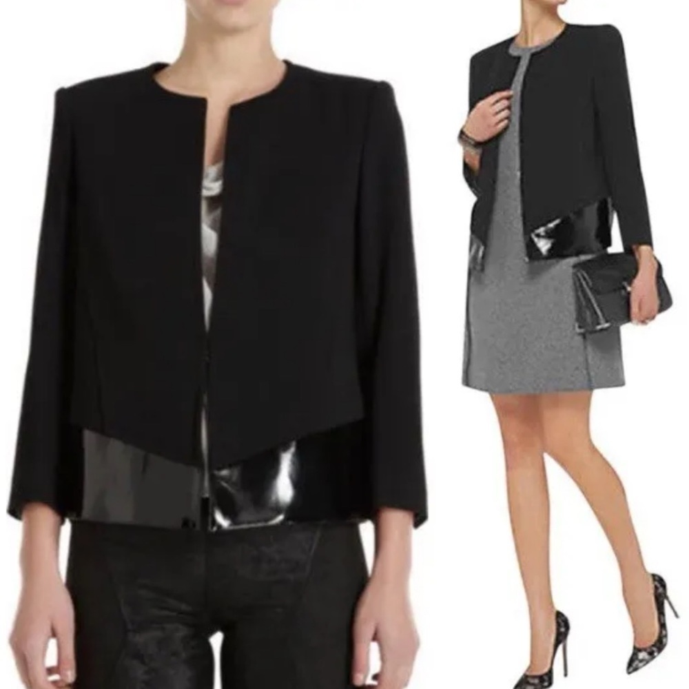 Helmut Lang Glossy Trim Black Blazer Suit Jacket‎ Size 8 Minimalist Boxy Wool